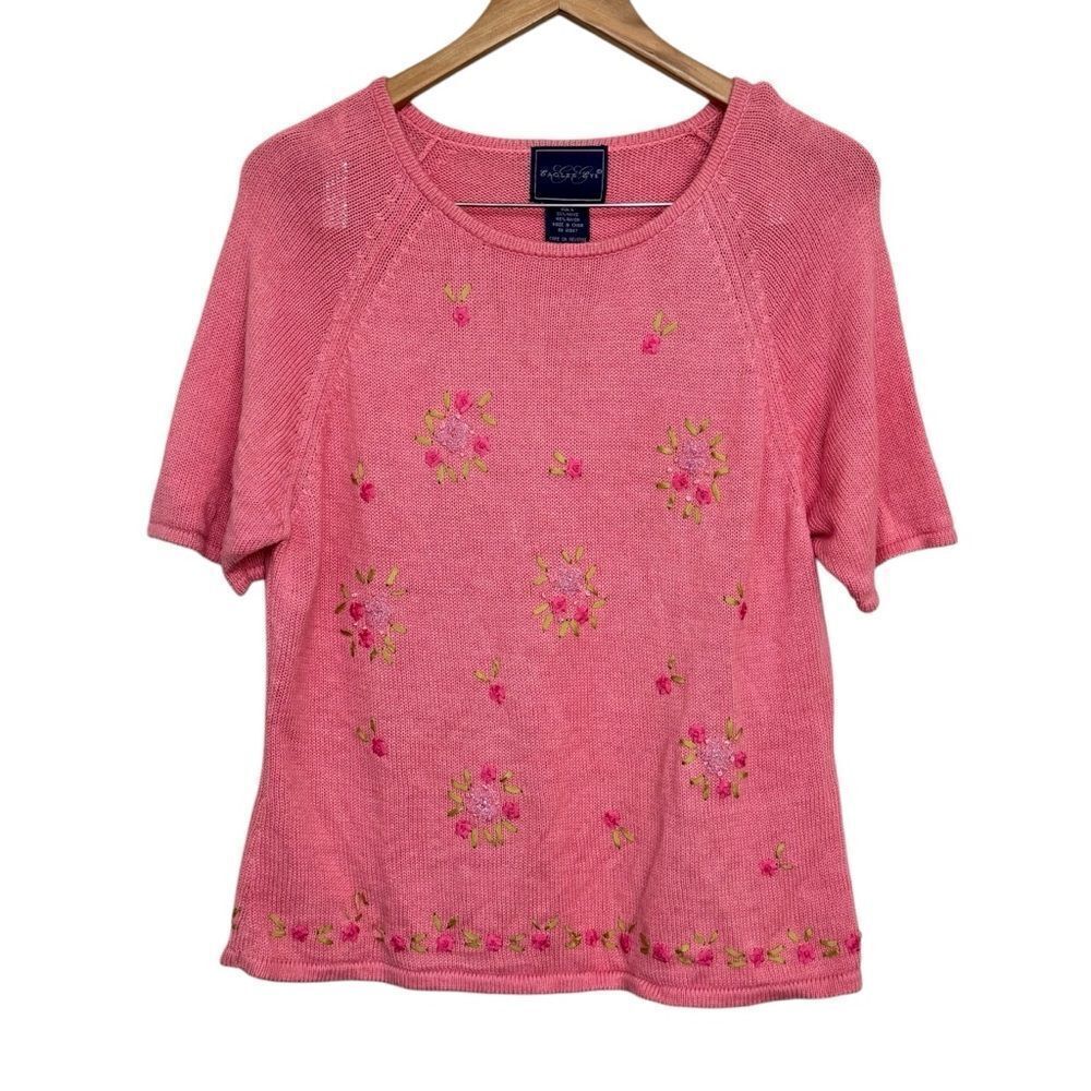 VTG Grandma Sweater Womens L Embroidered Floral Grannycore 80s 90s Cottage-core